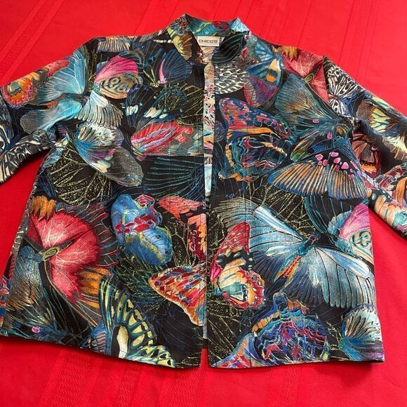 Chico's Bold Butterfly Print Open 3/4 Tie Sleeve 100% Silk Jacket Sz 0 US Small - Picture 8 of 13
